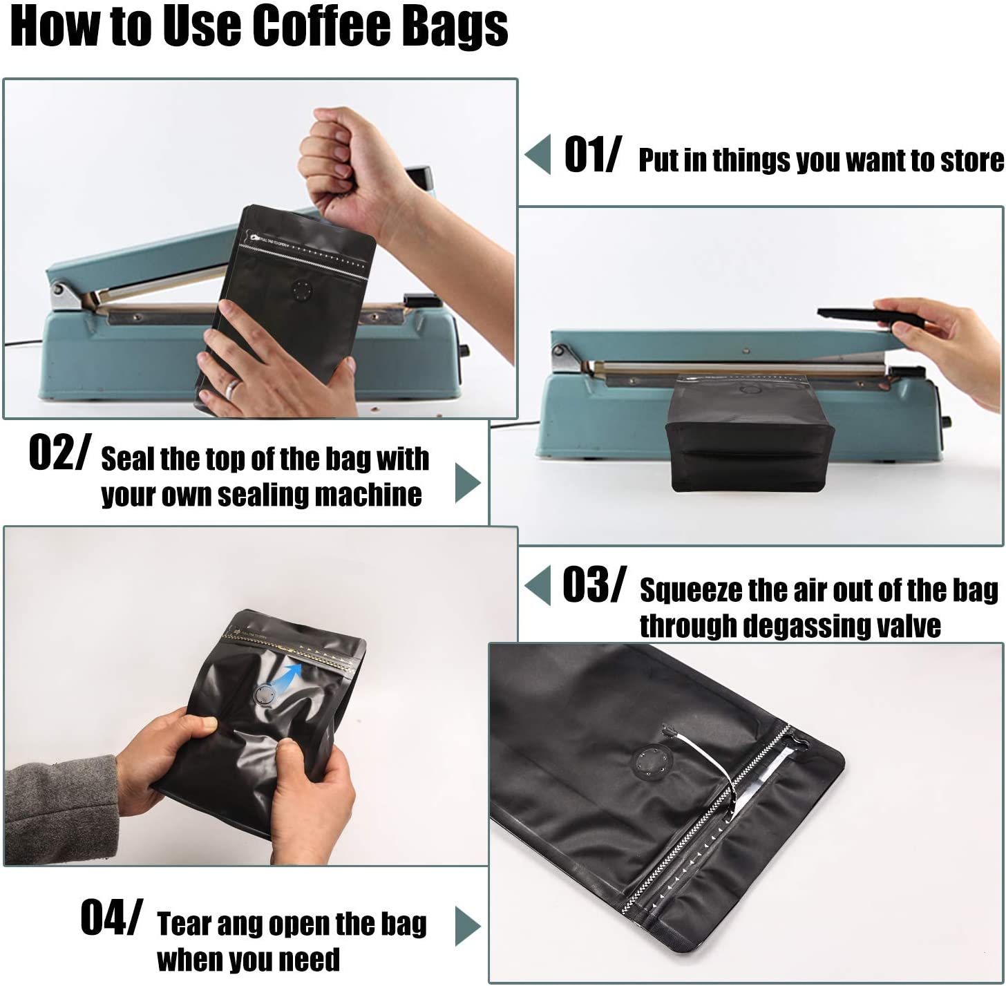 Stand Up Coffee Bag with Valve 250g - Black (50Pcs)